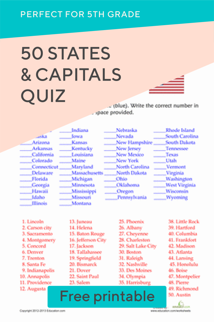 Fifth grade student matching state capitals to US states on a quiz worksheet activity