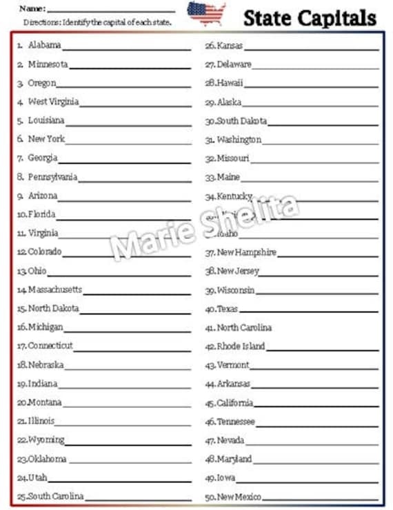 Fifth grade student matching state capitals to U.S. states on a quiz worksheet with 50 states listed