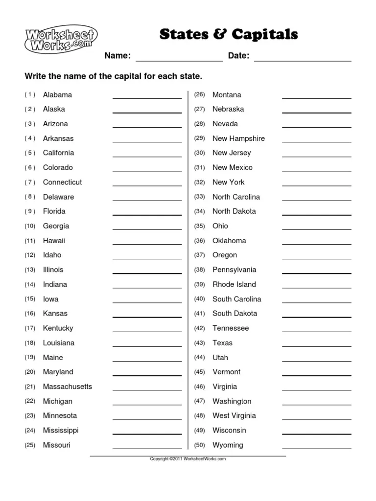 Fifth grade student completing a matching worksheet to identify US state capitals for all 50 states