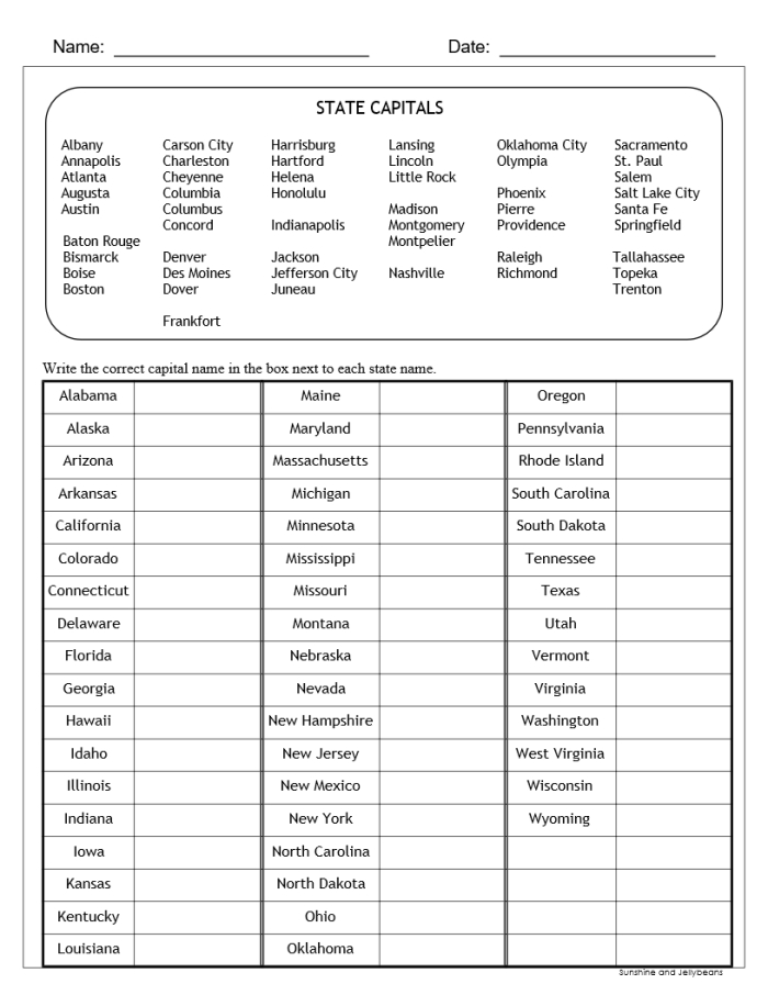 Fill-in-the-blank exercise for mastering state capitals in a fun way States and Capitals worksheet designed for fifth graders to practice U.S. state capitals