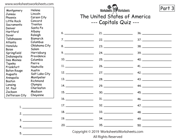 Fifth grade student completing a 50 states and capitals matching quiz worksheet