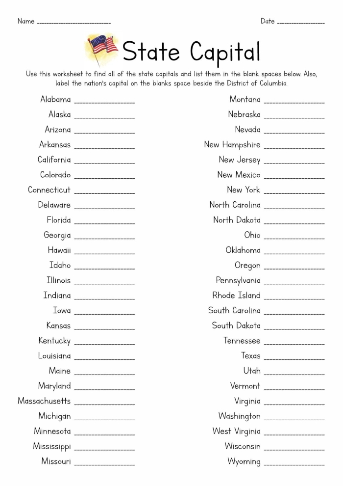 Engaging practice resource for learning U.S. state capitals States and capitals fill-in-the-blank worksheet for fifth graders