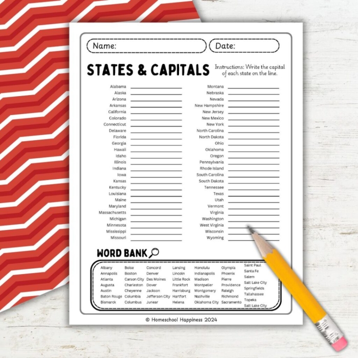 States & Capitals Worksheet for Fifth Grade Learning Activities Fill-in-the-blank worksheet for fifth graders to practice U.S. states and capitals