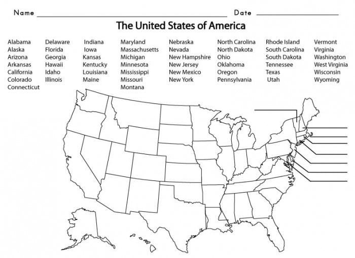 Colorful worksheet for fifth graders to identify and sort all 50 states