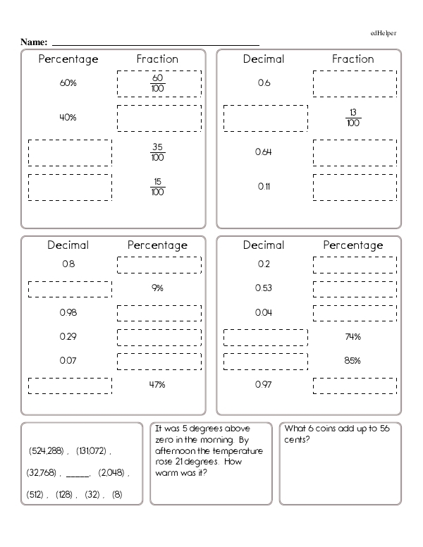 Math worksheet for practicing decimal and percent conversions for fifth graders Fifth grade student completing a worksheet on converting percents to decimals