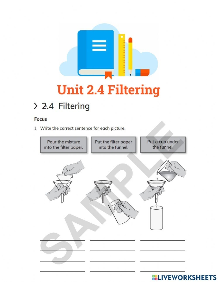 Fifth grade student cutting out organ function labels for a science filtration system worksheet
