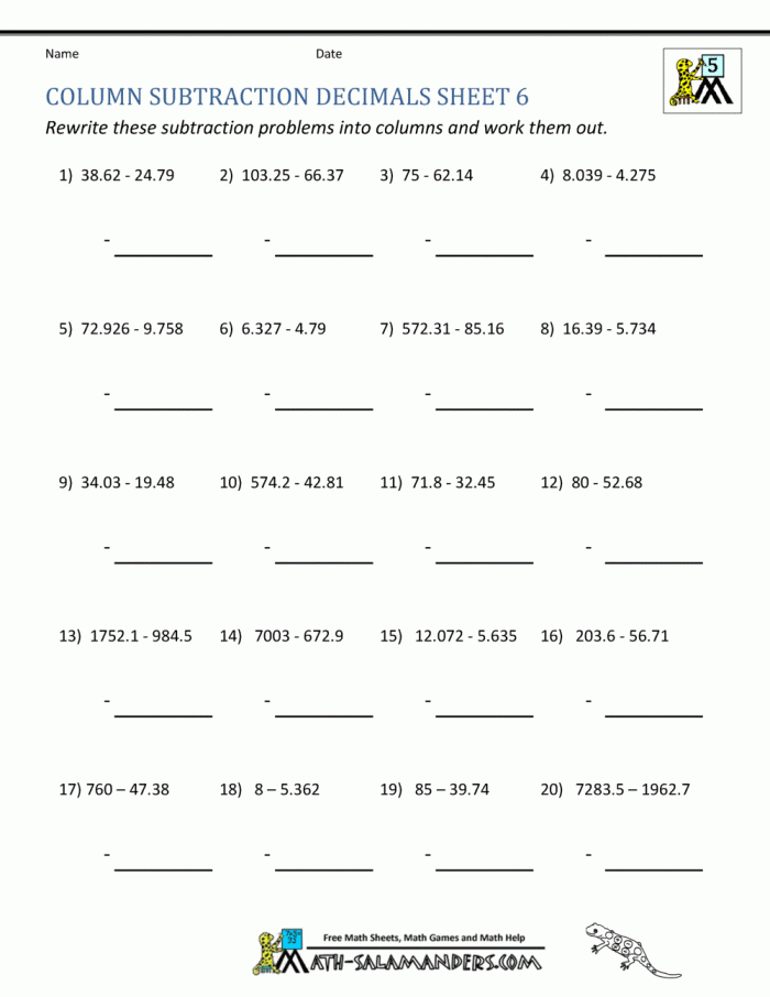 Fifth grade student completing a subtracting decimals practice worksheet number 15