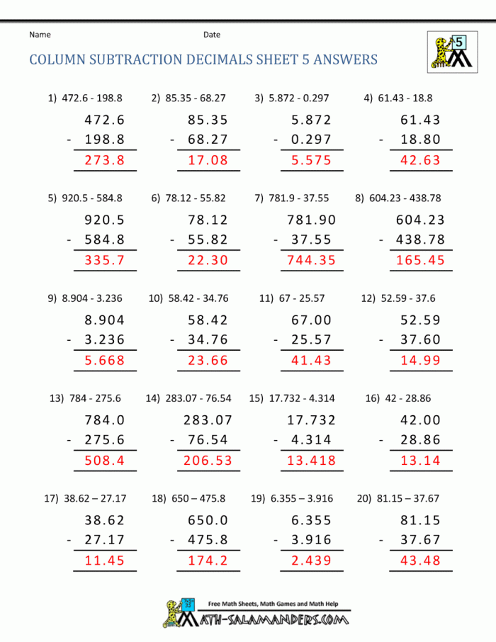 Fifth grade student completing a math exercise on subtracting decimals worksheet 18