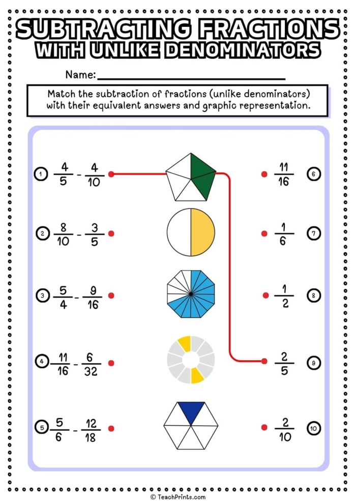 Fifth grade math worksheet showing step-by-step examples of subtracting fractions that have different denominators with practice problems