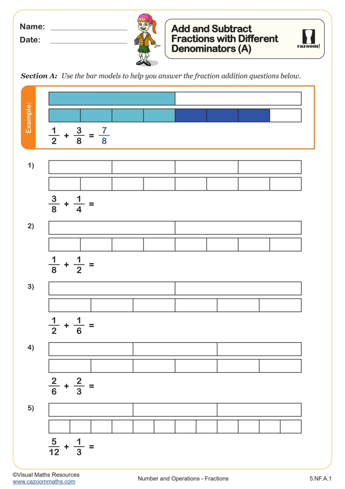 Fifth grade math worksheet showing step-by-step examples of subtracting fractions that have different denominators with visual fraction models