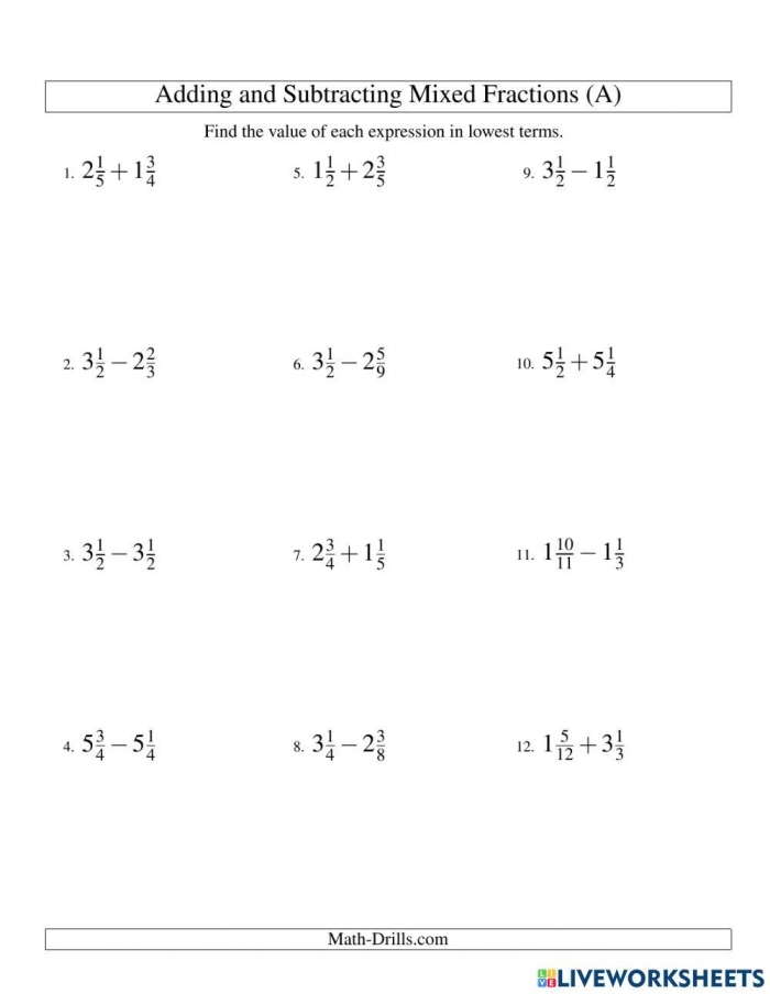 Fifth grade math worksheet showing step-by-step examples of subtracting fractions that have different denominators with practice problems
