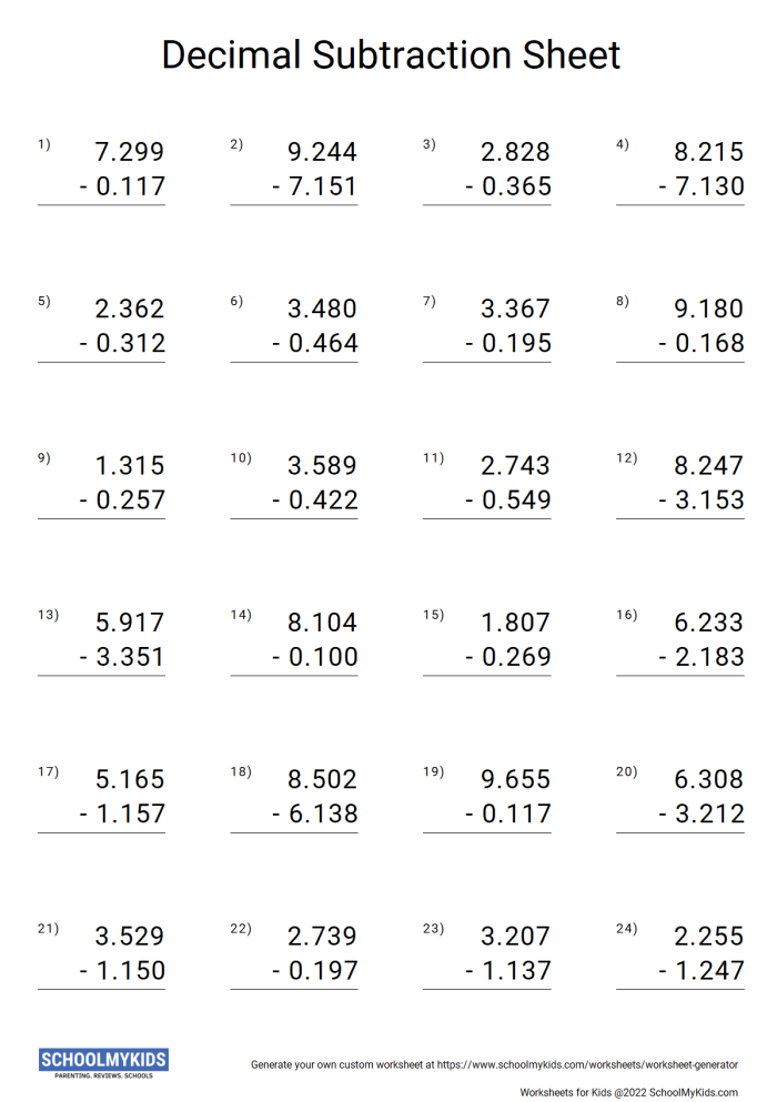 Worksheet featuring fifth graders practicing subtracting decimals