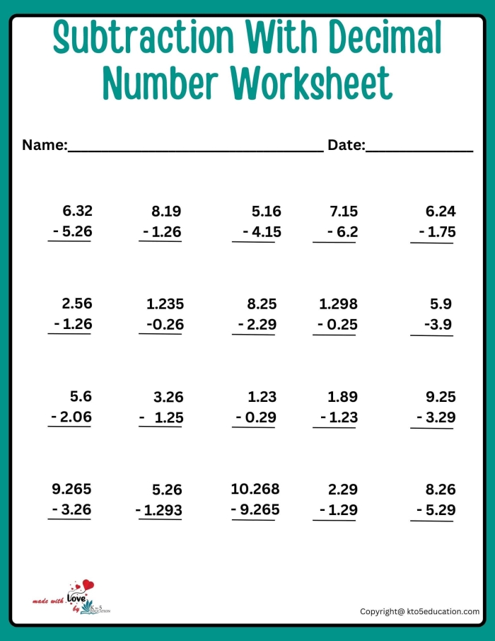 Fifth grade student completing a math worksheet focused on subtracting decimals