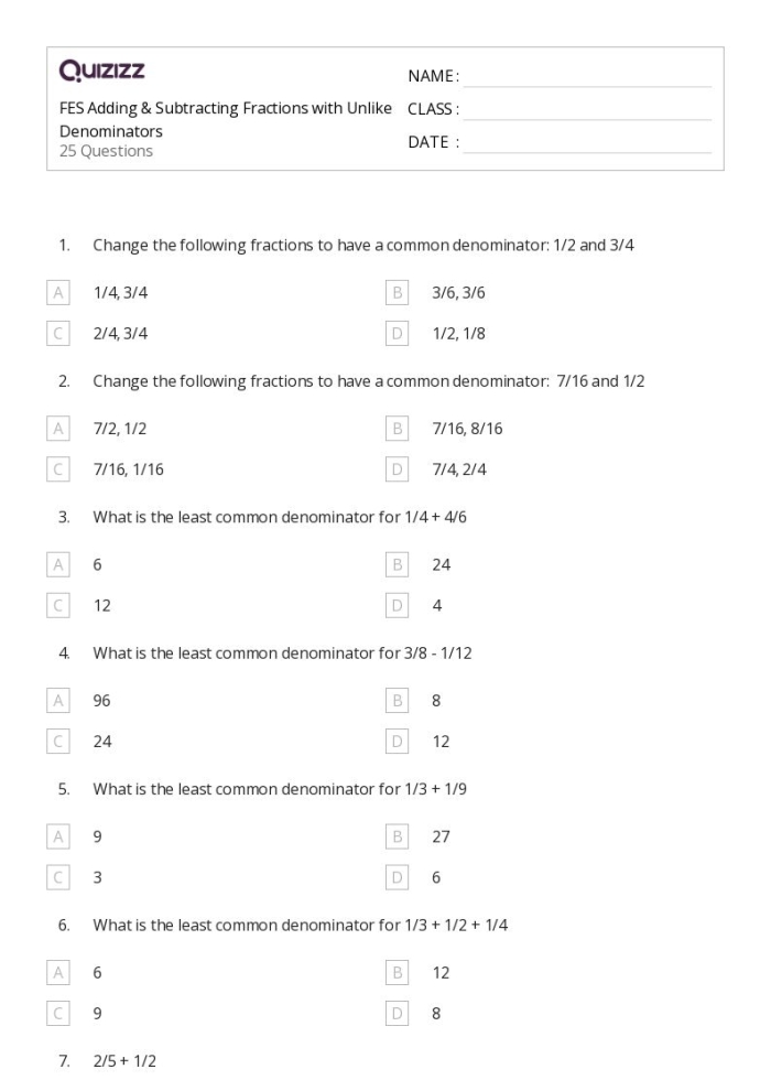 Subtracting Fractions Unlike Denominators Practice Sheet 4 Fifth grade math worksheet showing step-by-step examples of subtracting fractions that have different denominators with visual fraction models