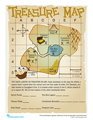 Treasure Math Map worksheet featuring subtraction challenges for fifth graders