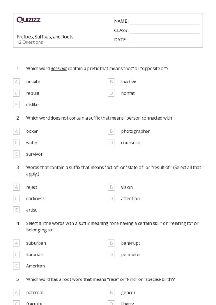 Worksheet for practicing roots, prefixes, and suffixes in fifth grade phonics