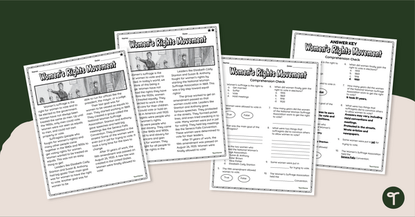 Educational worksheet activity on the women's suffrage movement and 19th Amendment for grade 5 students Fifth grade students completing a worksheet about the history of the women's suffrage movement and the 19th Amendment