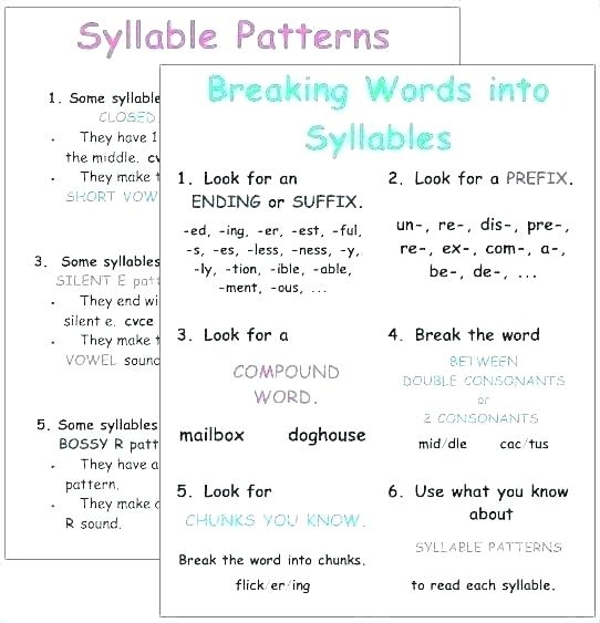 Image 2: Checking syllable breaks in longer words for correct division practice Fifth grade syllabication evaluation worksheet showing multisyllabic words with syllable divisions for students to assess accuracy