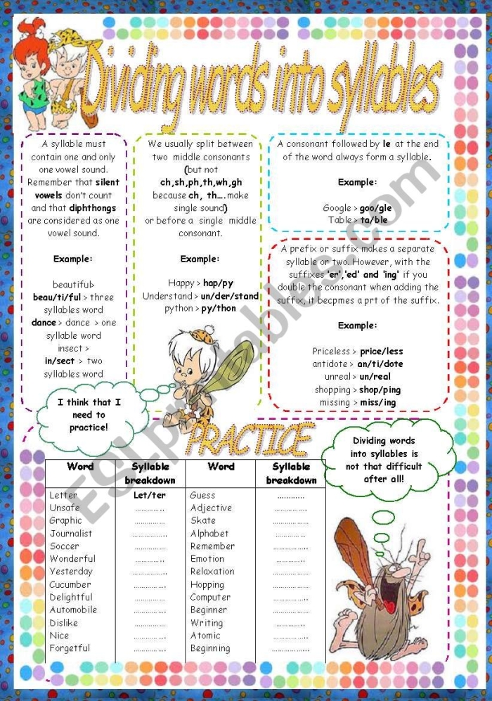 Practice worksheet image focusing on patterns of syllable division Syllable Break-up worksheet for fifth graders to enhance their word comprehension skills
