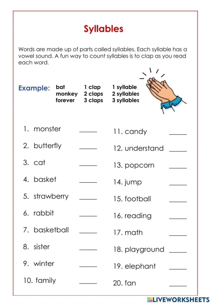 Engaging fifth-grade worksheet on breaking complex words into syllables Syllable Break-up worksheet for fifth graders demonstrating word division practice