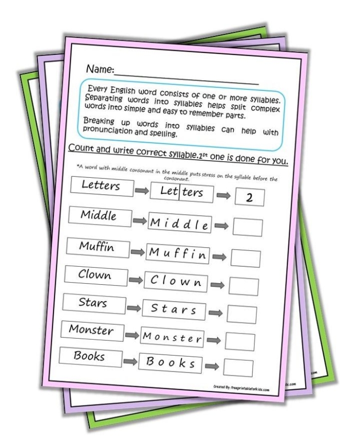 Worksheet image 25 illustrating patterns in syllable separation for students Syllable Break-up worksheet for fifth graders focusing on complex word division