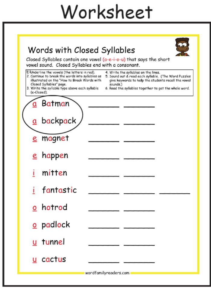 Worksheet image for teaching syllable patterns in fifth grade education Syllable break-up worksheet for fifth graders demonstrating word division practice