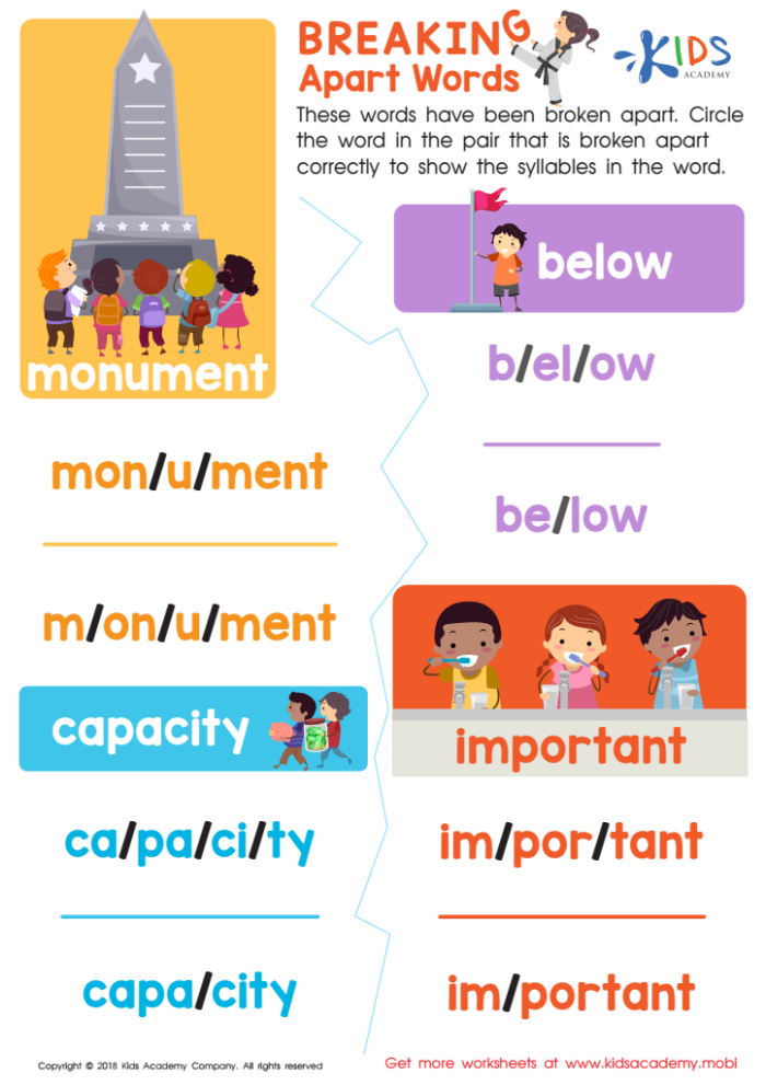 Visual guide for teaching students to break words into syllables Syllable Break-up worksheet for fifth graders focusing on complex word division