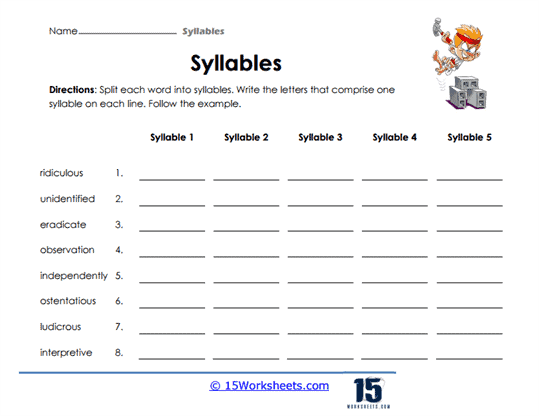 Educational resource image for practicing syllable division in complex words Syllable Break-up worksheet for fifth graders focusing on word patterns