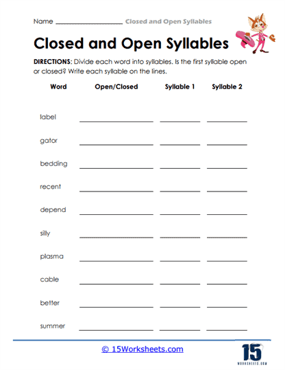 Practice sheet for breaking complex words into syllables, image 23 Syllable Break-up worksheet for fifth graders focusing on word patterns