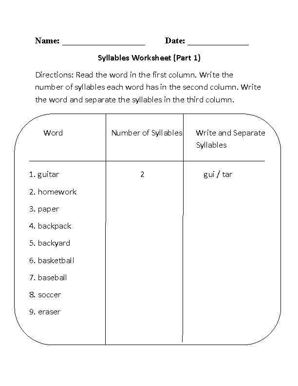 Syllable Break-up Practice Worksheet for Grade 5 Students Worksheet for breaking down complex words into syllables for fifth graders
