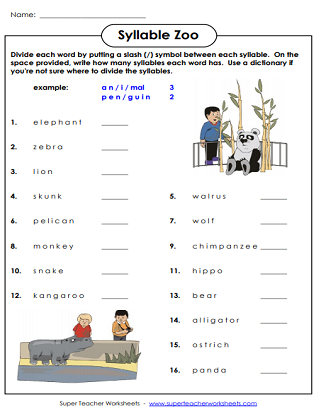 Interactive exercise image for practicing syllable separation in fifth grade Syllable Break-up worksheet for fifth graders focusing on complex word division