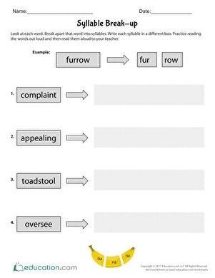 Worksheet image for teaching syllable division skills to students Syllable Break-up worksheet for fifth graders focusing on word patterns