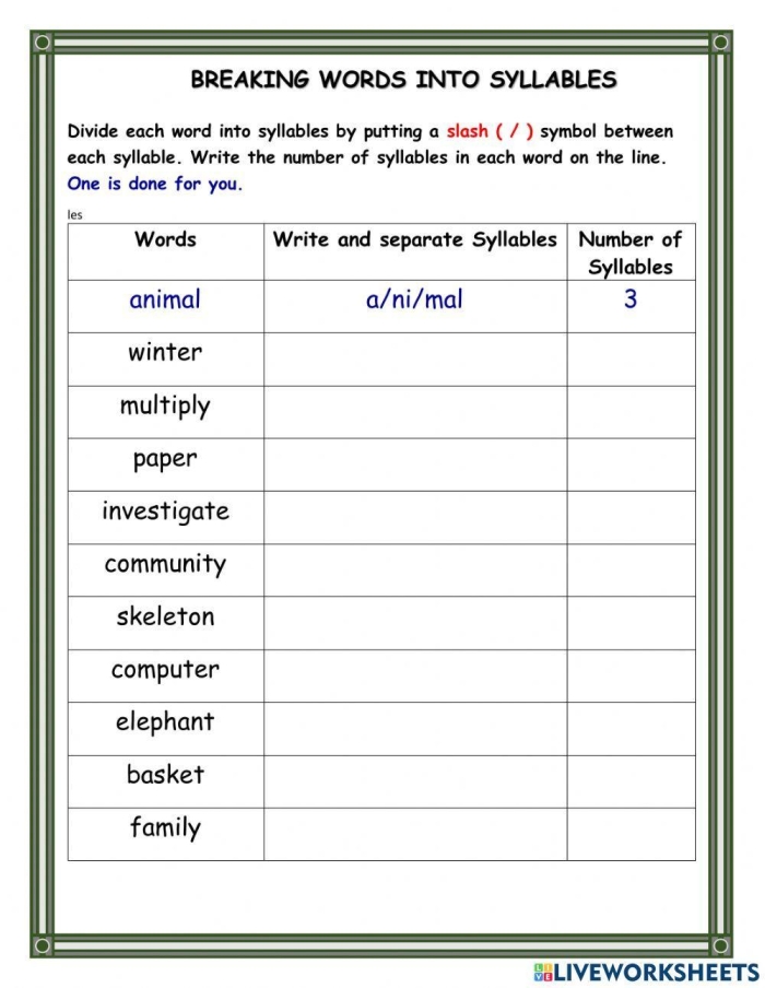 Fifth Grade Patterns: Syllable Break-up worksheet example 15 Syllable Break-up worksheet for fifth graders practicing word syllabification