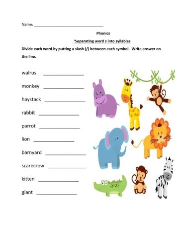 Worksheet image for teaching syllable patterns in fifth grade students Syllable break-up worksheet designed for fifth graders to practice word division