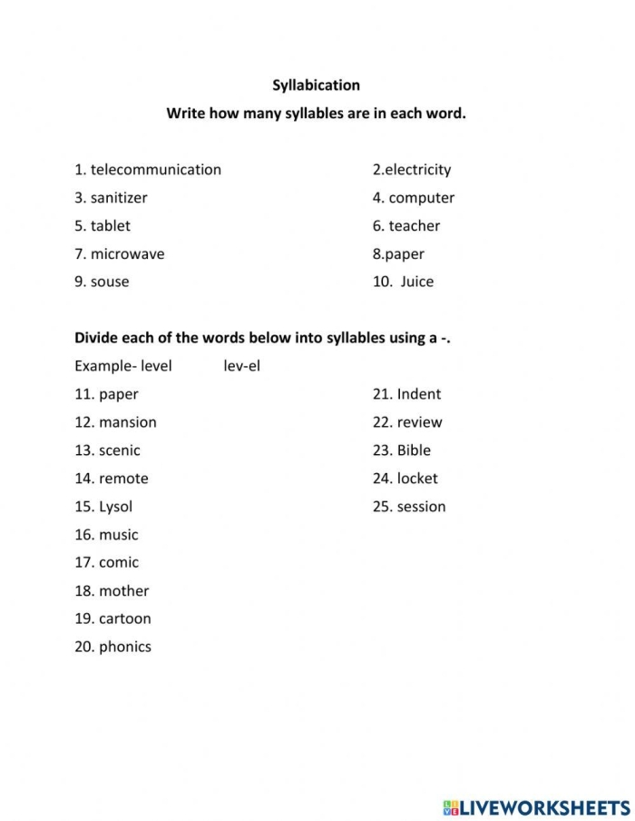 Worksheet 24: Evaluating Syllable Division in Multisyllabic Words for Fifth Grade Fifth grade syllabication evaluation worksheet showing multisyllabic words with divided syllables for students to assess correctness