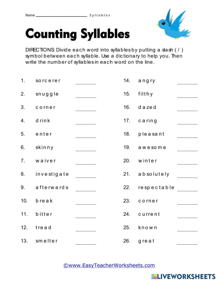 Syllabication Evaluation Worksheet Number Twenty Earth and Space Science Fifth grade science worksheet for checking correct syllable division in multisyllabic Earth and Space terms
