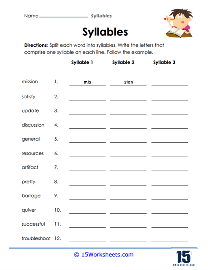 Syllable Break-up worksheet example for enhancing pattern recognition skills Worksheet for practicing syllable division in complex words for fifth-grade students