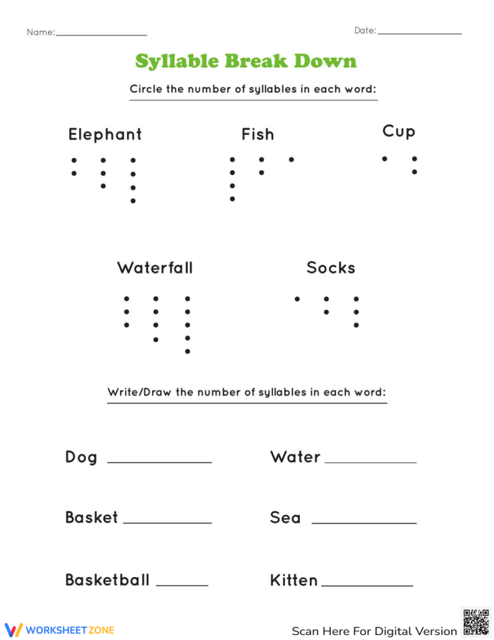 Illustration of a worksheet focusing on breaking complex words into syllables Syllable Break-up worksheet designed for fifth graders to practice word segmentation