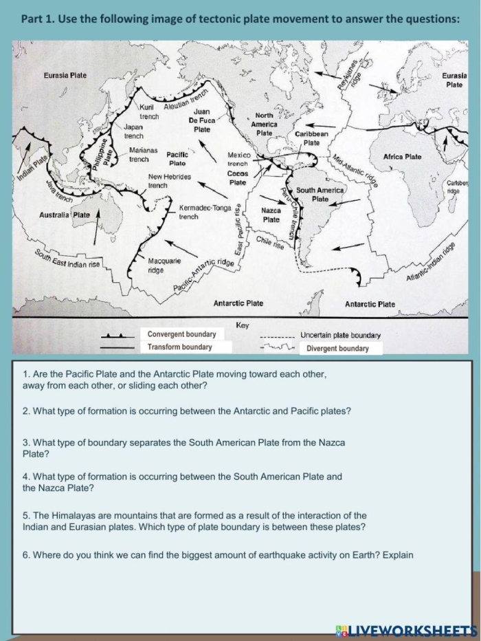 Fifth grade students learning about Earth's moving tectonic plates and continental drift on a geology worksheet