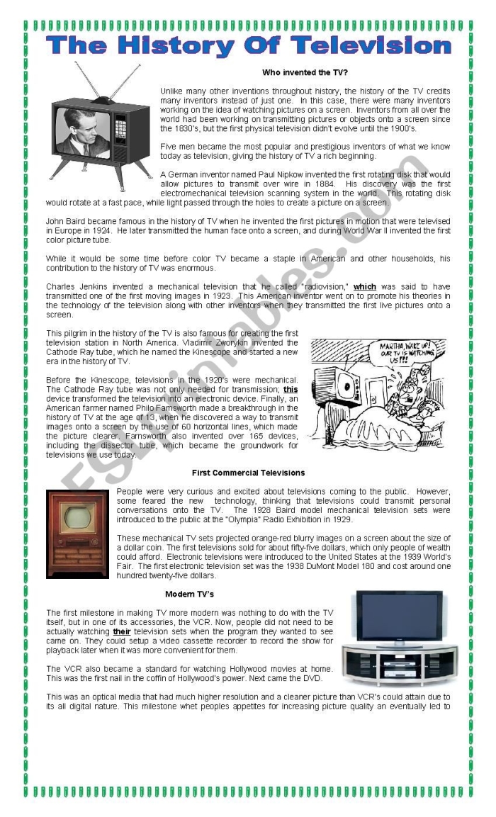 Historical timeline of television invention and development for fifth grade students A vintage television set showing the evolution of screen technology from early black and white models to modern displays