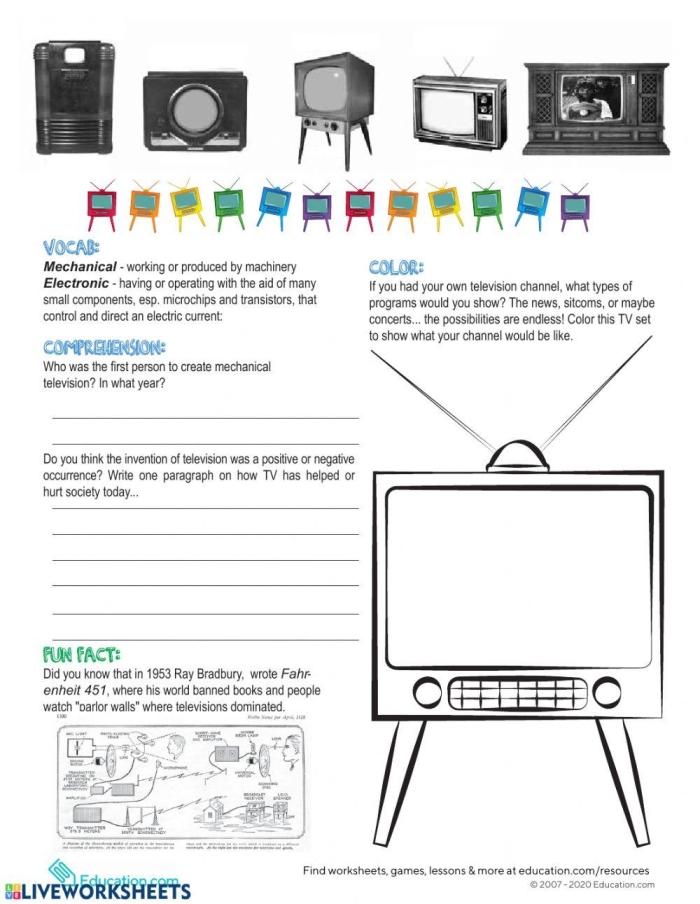 History of Television Worksheet Fourteen Fifth grade worksheet about the history of television featuring illustrations of early broadcast technology