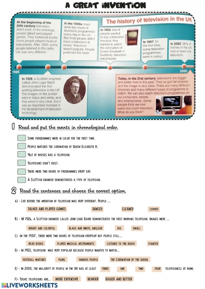 History of Television Educational Worksheet 19 Fifth grade worksheet featuring a historical summary of television development for students