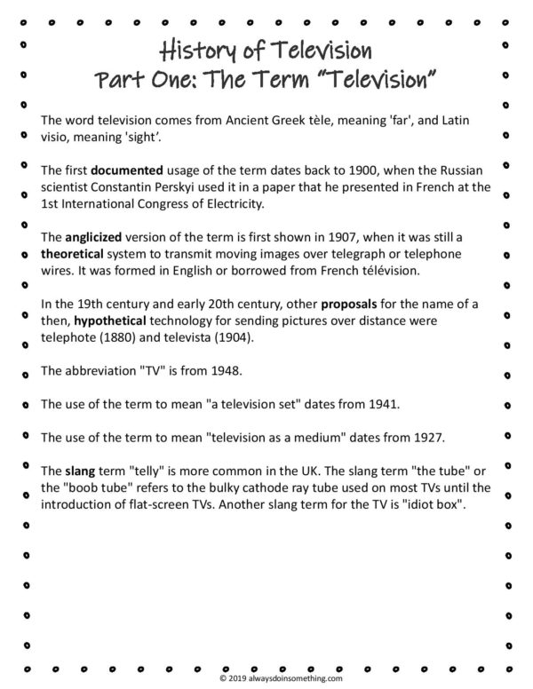 History of Television Worksheet Number 4 Fifth grade students reading a text about the evolution of television technology for a grammar worksheet