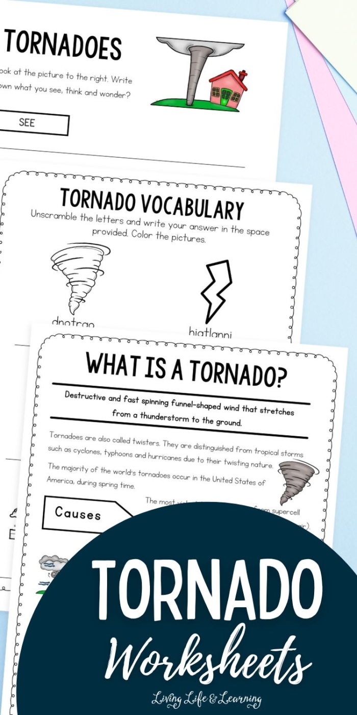 ALT text for a fifth-grade worksheet about tornado science featuring swirling graphics