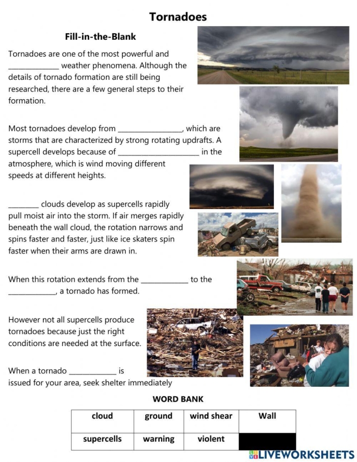 Fifth grade student reading a science worksheet about the formation of powerful tornadoes