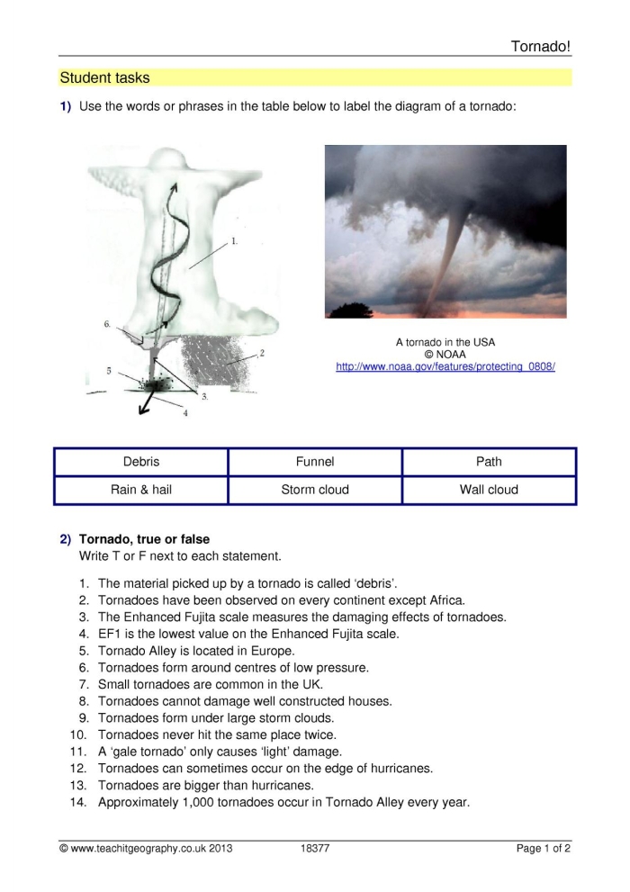Educational worksheet explaining how tornadoes develop and their causes Diagram illustrating the formation of tornadoes for a fifth-grade science worksheet