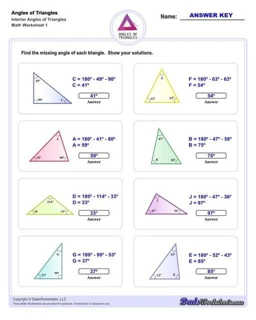 Triangle Angles Worksheet for Identifying Right, Acute, and Obtuse Triangles Children solving for unknown angles in a triangle angles worksheet for fifth graders