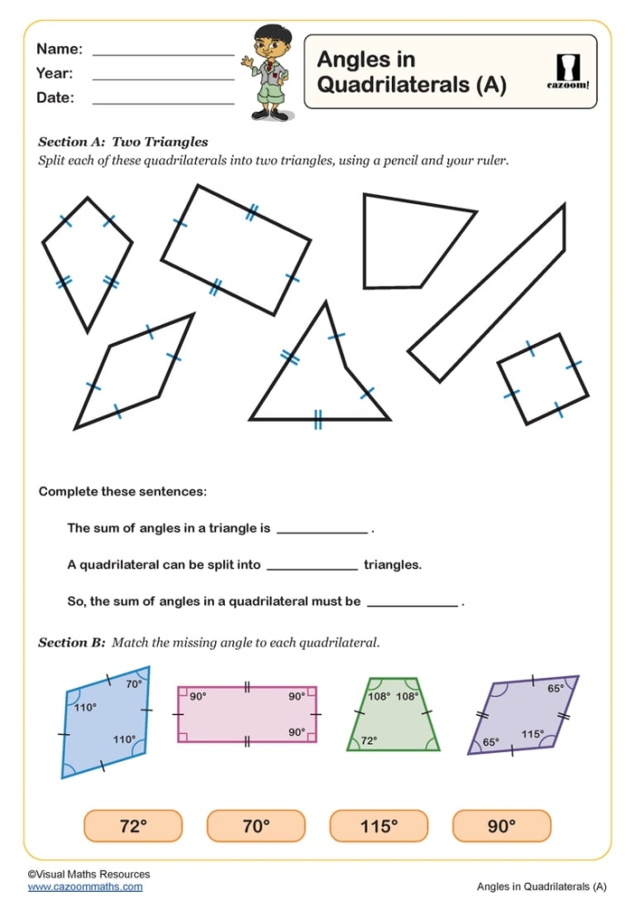 Numbers and Counting worksheet for Fifth Grade Students working on a Triangle Angles worksheet, calculating unknown angles and classifying triangles. Educational activity for fifth graders focusing on geometry concepts.