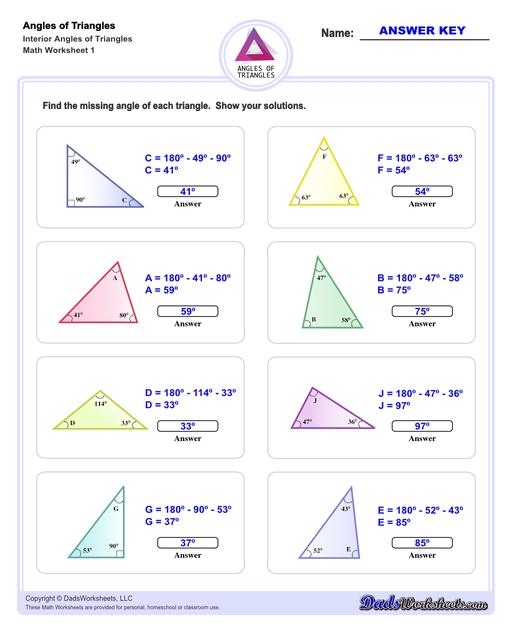 Educational resource for fifth graders on triangle angles and geometry concepts Worksheet featuring five triangles for calculating unknown angles and classifying them as right, acute, or obtuse