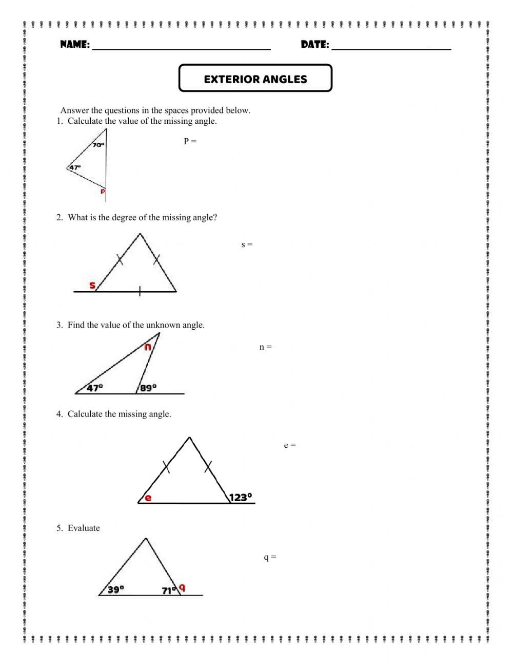 Numbers and Counting worksheet for Fifth Grade Worksheet showing triangle angles for students to solve and classify triangles as right, acute, or obtuse. Geometry activity for fifth graders focusing on finding unknown angles in triangles.